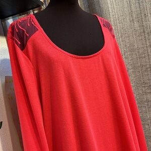 NWT Suzanne Betro, long bell sleeve solid strawberry pink/ lace detail. Size 1X.